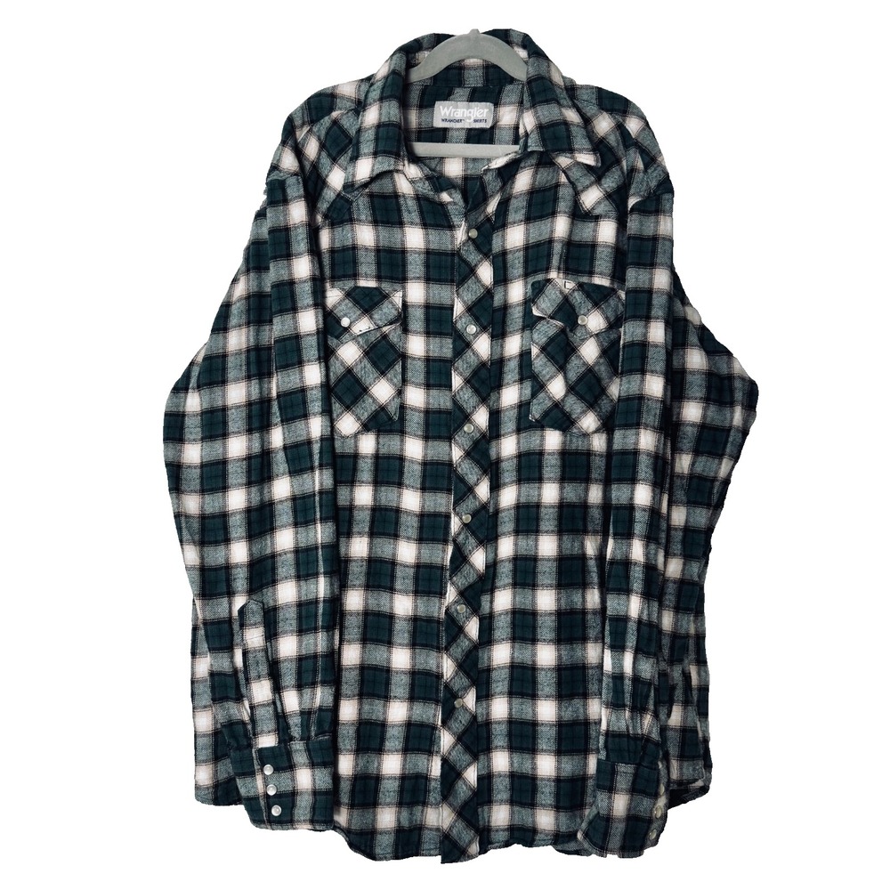 Wrangler Wrancher Dark Green Plaid Pearl Snap Flannel Western Shirt Large Cowboy
